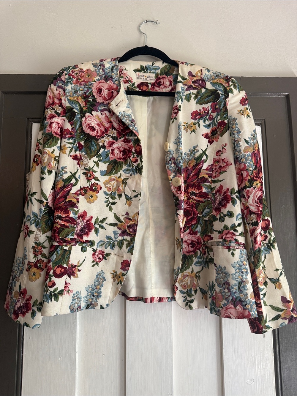 Susan Bristol Floral Blazer Jacket - Cream Base with Pink & Green Blooms